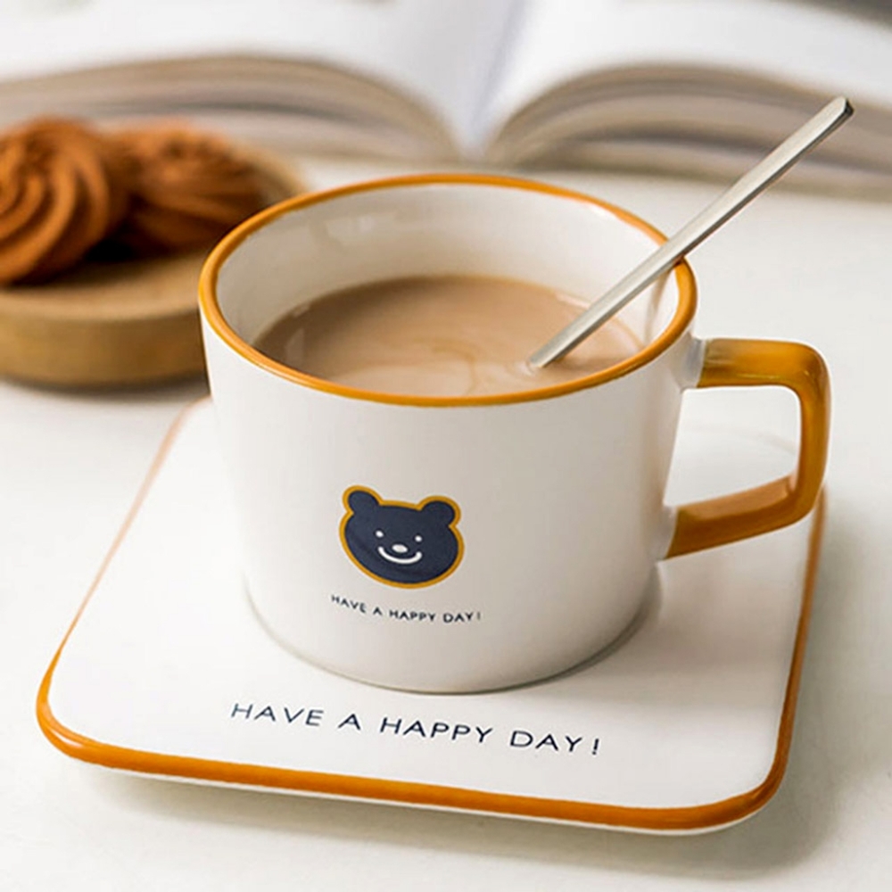 White Yellow Bear HAPPY DAY Ceramic Mug Tea Cup Coffee Saucer Set w Spoon Teacup